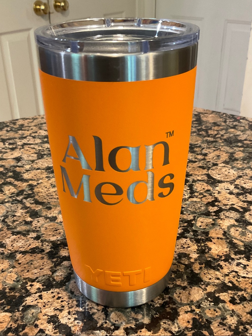 Yeti Alan Meds Branded Orange Insulated 20 oz Tumbler with Clear Magnetic Lid